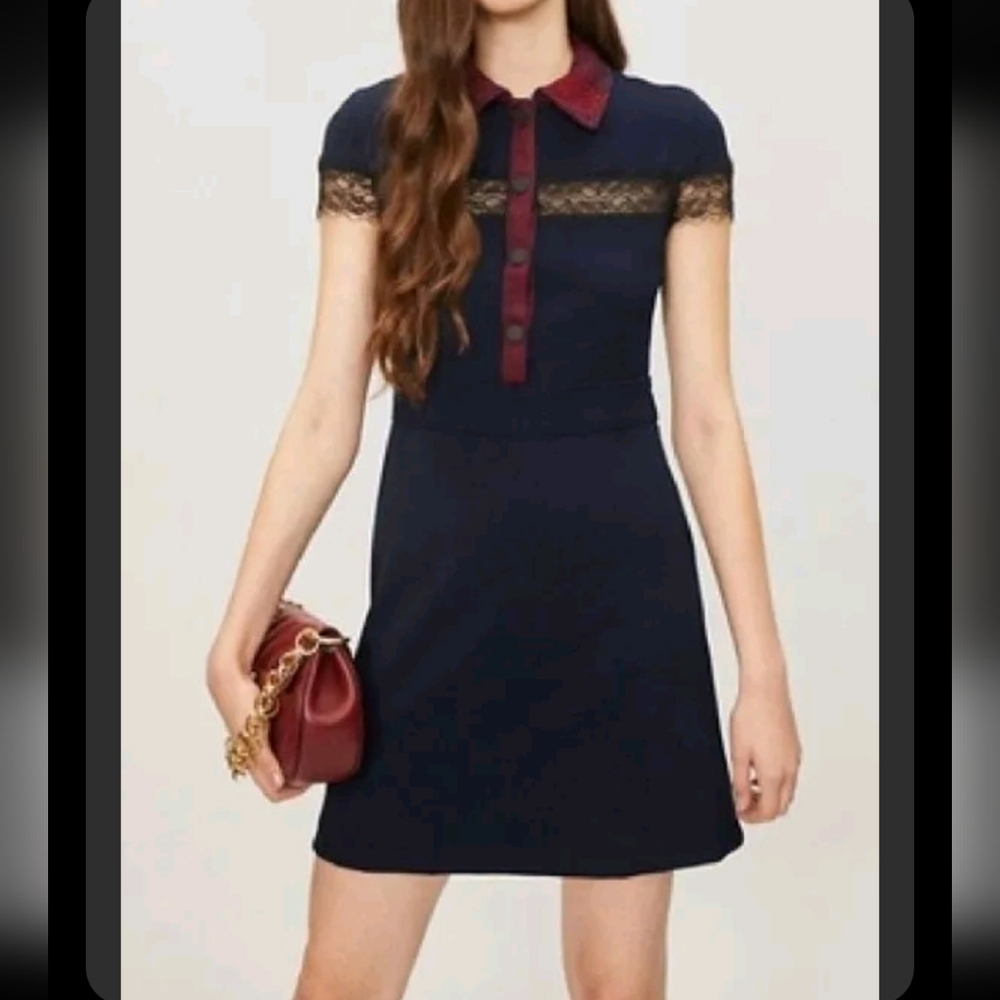 MAJE Riloid Navy Lace Trim Collared Dress Sz 1 As seen on TV Charmed